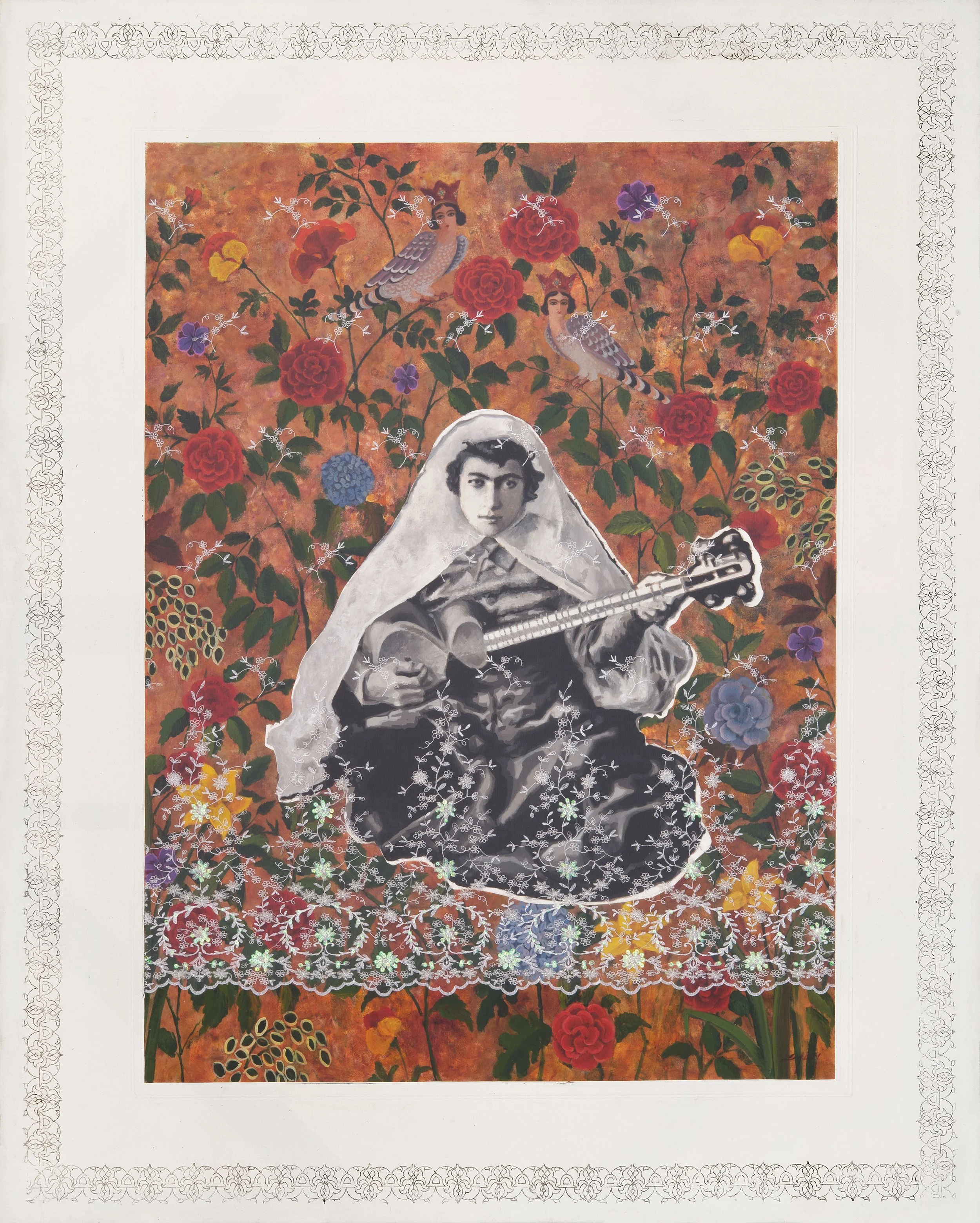 The Taar Player Girl (2014), 153 x 122 cm, Acrylic on Canvas Covered with chiffon fabric