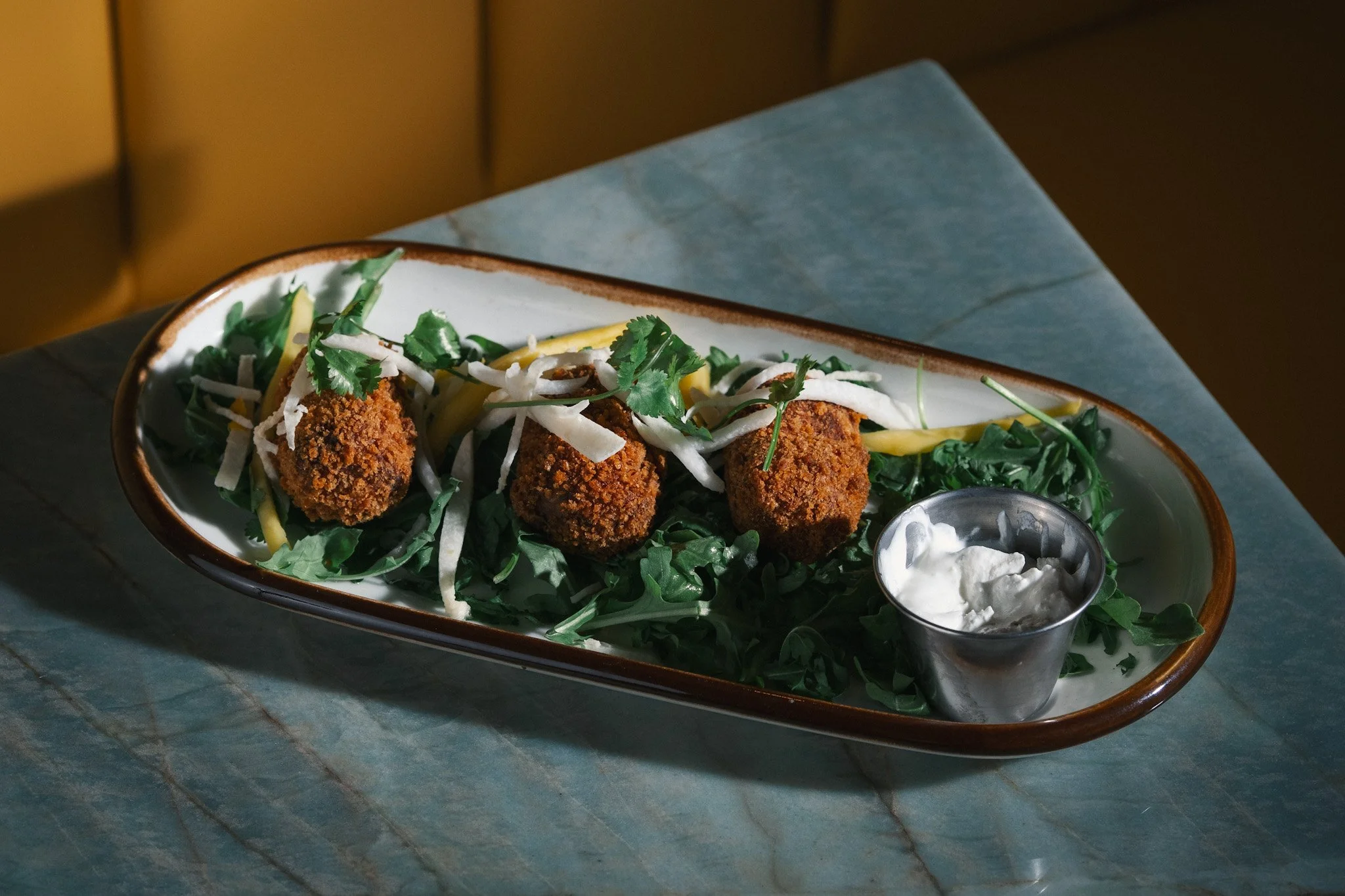 Golden Plátano Macho plantain croquetas at Gato Exótico in CambridgeSide, a Cambridge restaurant known for Latin American small plates, private dining, and some of the best tacos in Cambridge.