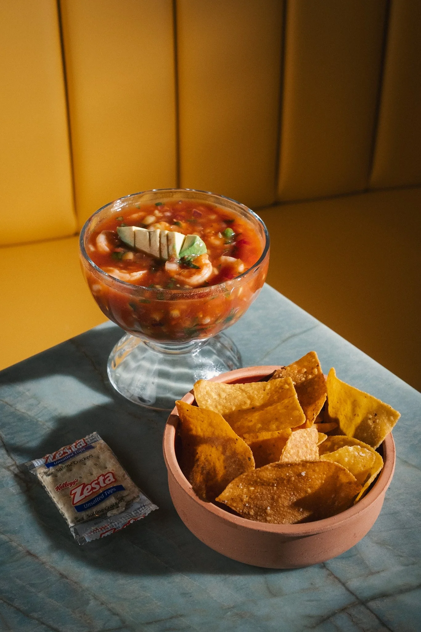 Bright and fresh cóctel de camarones at Gato Exótico in CambridgeSide, a Cambridge restaurant known for Latin American flavors, private dining, and some of the best tacos in Cambridge.