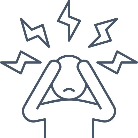 Line drawing of a person holding their head with both hands, surrounded by lightning bolt symbols indicating headache or pain.