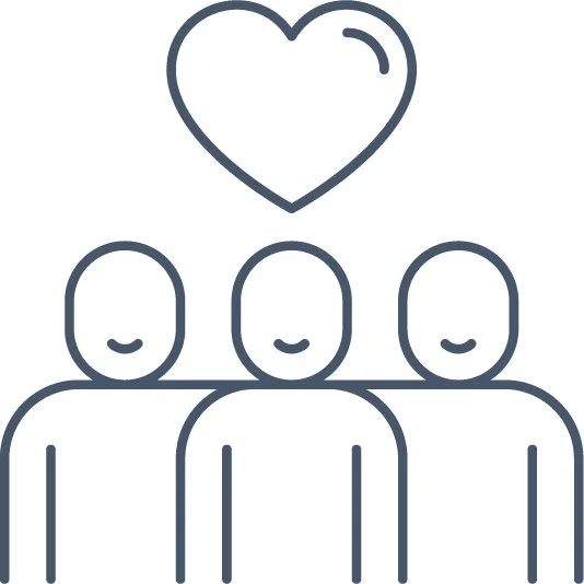 Three simple line drawings of people with smiling faces and a heart above them.