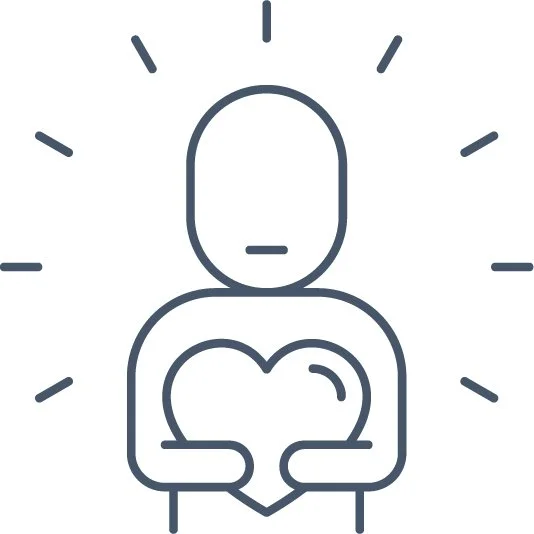 Simple line drawing of a person holding a heart, with lines radiating outward, representing love or compassion.