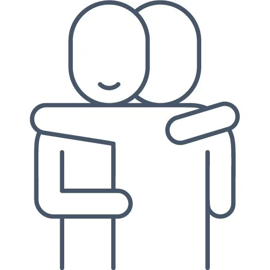 Line drawing of two people hugging, one with a smiling face.