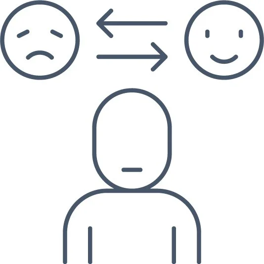 A diagram showing a person with a sad face on the left and a happy face on the right, with arrows pointing both ways between them, indicating a change in emotions.