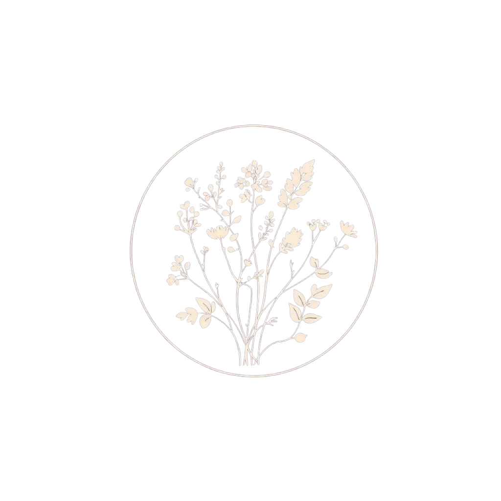 White floral illustration inside a circle on a black background.