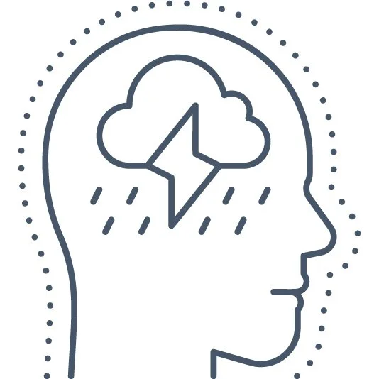 Outline of a human head with a cloud, lightning bolt, and rain inside the head symbolizing mental health or weather-related stress.