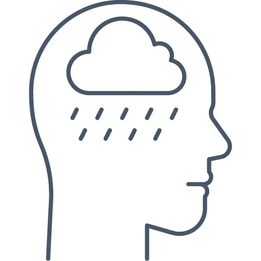Line drawing of a human head profile with a cloud and rain inside the head