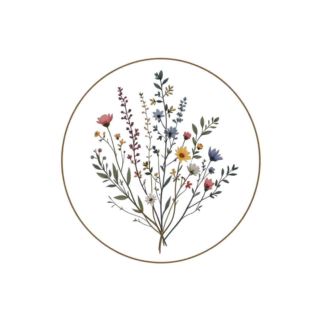 Illustration of a bouquet of colorful flowers within a circular border, set against a white background.