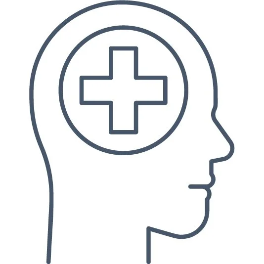 A line drawing of a person's profile with a medical cross inside a circle in the brain area.