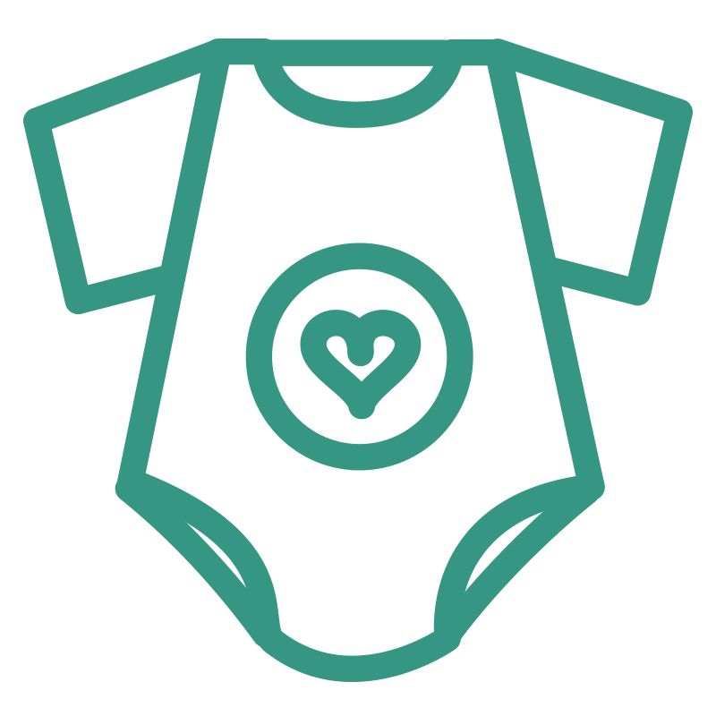 Outline of a baby onesie with a heart inside a circle on the front.