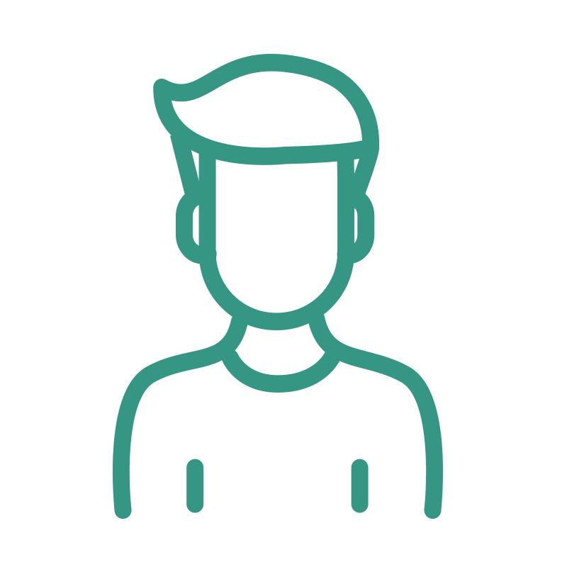 Outline illustration of a person with short hair wearing a T-shirt.
