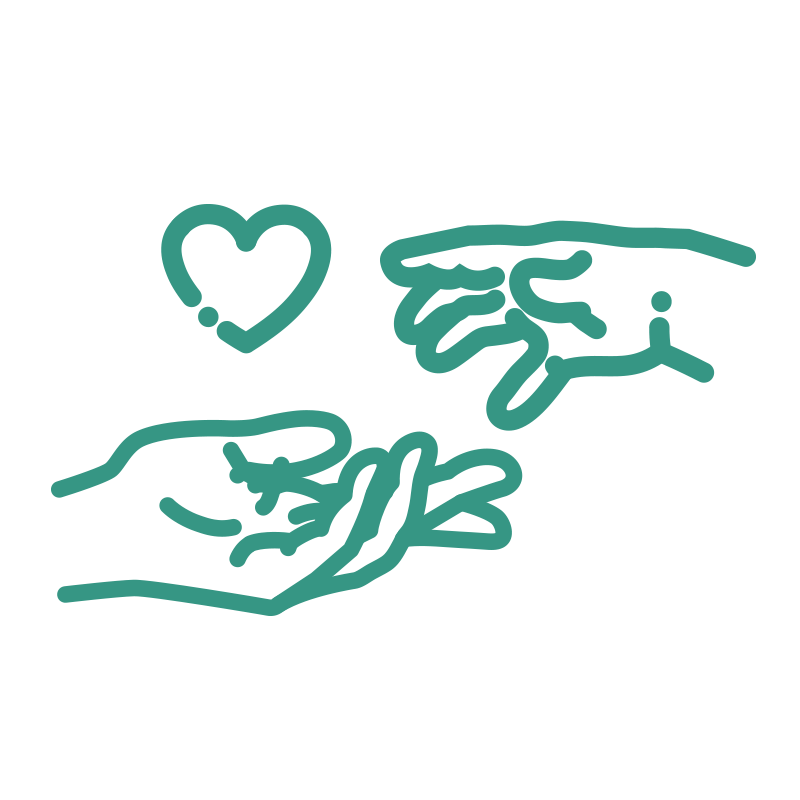 Illustration of one hand passing a heart to another hand, symbolizing giving or sharing love.