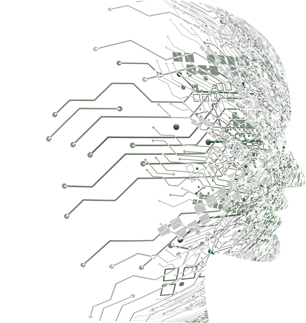 Abstract digital illustration of human profiles made with interconnected circuit-like lines and shapes.
