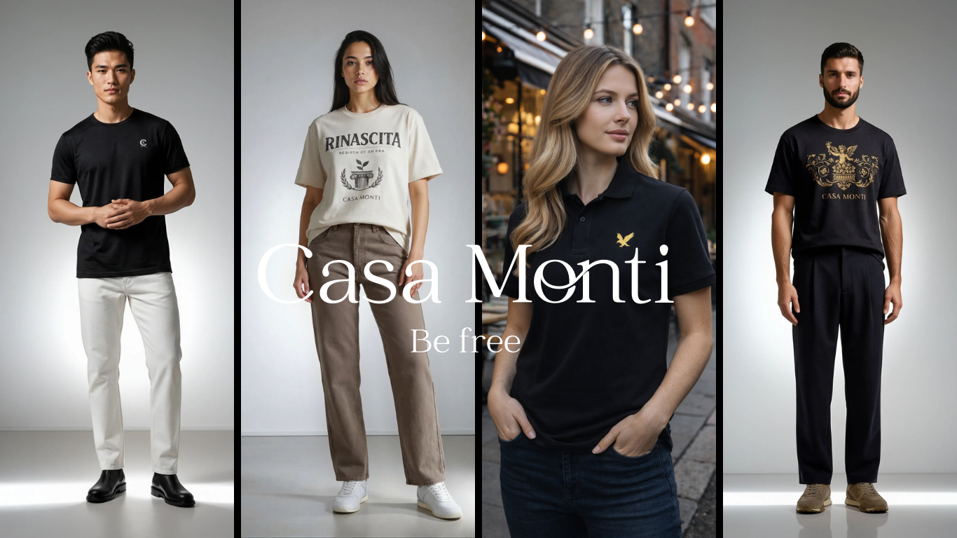 Vier Menschen in unterschiedlicher Kleidung, zwei Frauen und zwei Männer, in verschiedenen Umgebungen: ein Studioaufnahmen mit neutralem Hintergrund und eine Frau in einem urbanen Umfeld bei Sonnenuntergang. Das Bild trägt das Logo von Casa Monti und