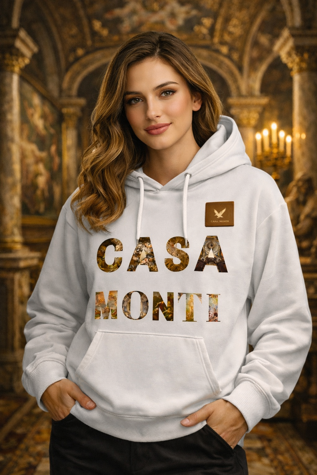 Junge Frau in einem weißen Hoodie mit Aufschrift "Casa Monti" vor kunstvoller, goldverzierter Kulisse in einem prunkvollen Saal.