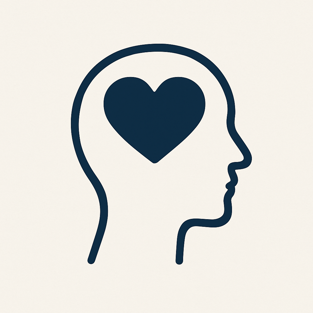 A silhouette of a human head outline with a heart inside the brain area.