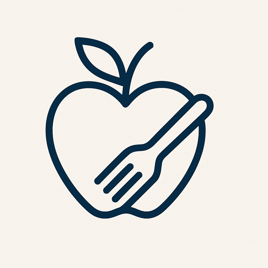 Line drawing of a peach with a leaf and a fork superimposed on it.