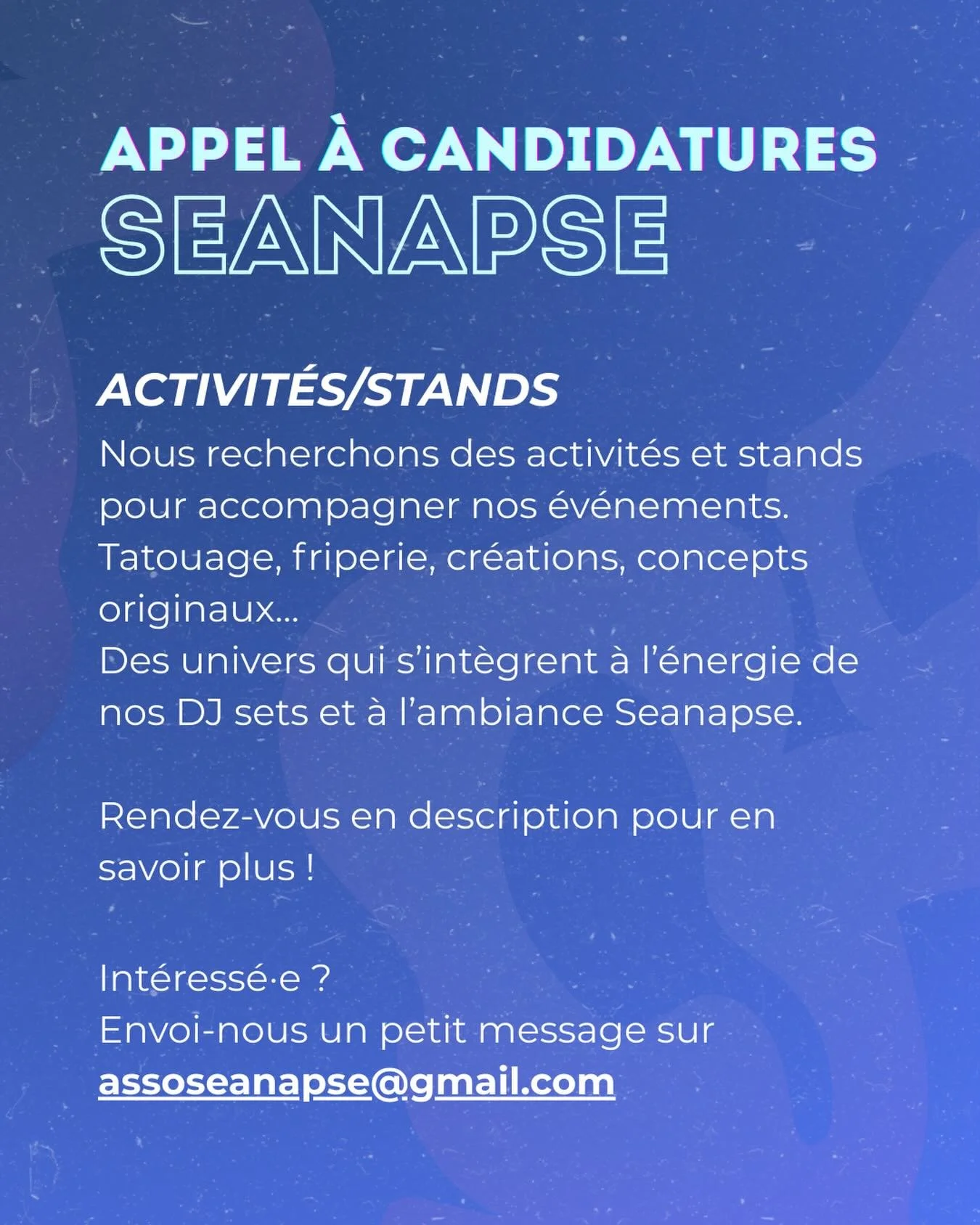 🔥 Appel &agrave; candidatures : activit&eacute;s &amp; stands 🔥

Pour nos prochains &eacute;v&eacute;nements, nous recherchons des stands et activit&eacute;s pour enrichir l&rsquo;exp&eacute;rience du public et compl&eacute;ter nos DJ sets.
Nous so