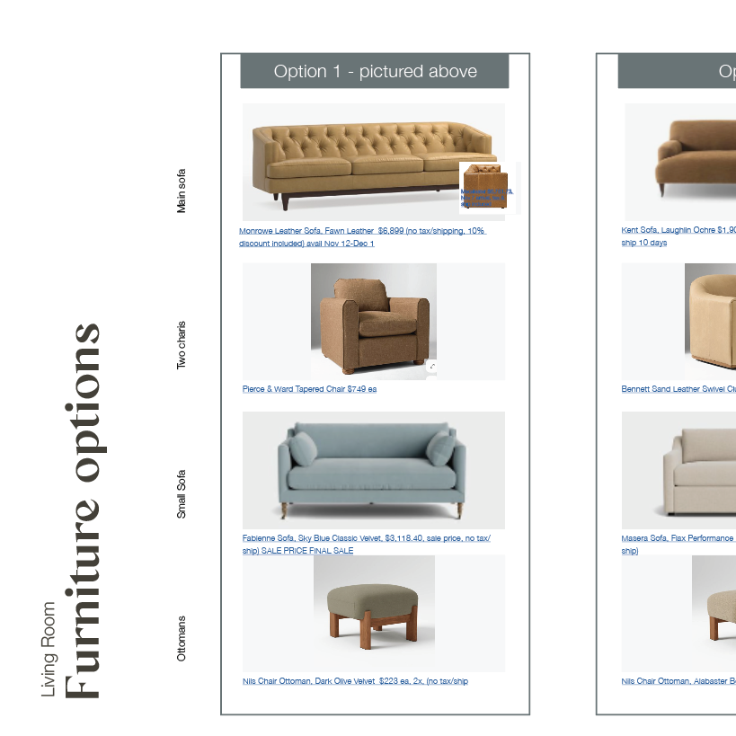 A furniture catalog page showing four furniture options. The first is a tan tufted leather sofa labeled 'Option 1 - pictured above,' with a small matching ottoman. The second is a brown armchair labeled 'Pierce & Ward Tapered Chair.' The third is a light blue small sofa labeled 'Fabienne Sofa, Sky Blue Classic Velvet,' with sale information. The fourth is an ottoman with a dark olive green velvet cushion and wooden legs, labeled 'Nils Chair Ottoman, Dark Olive Velvet.'