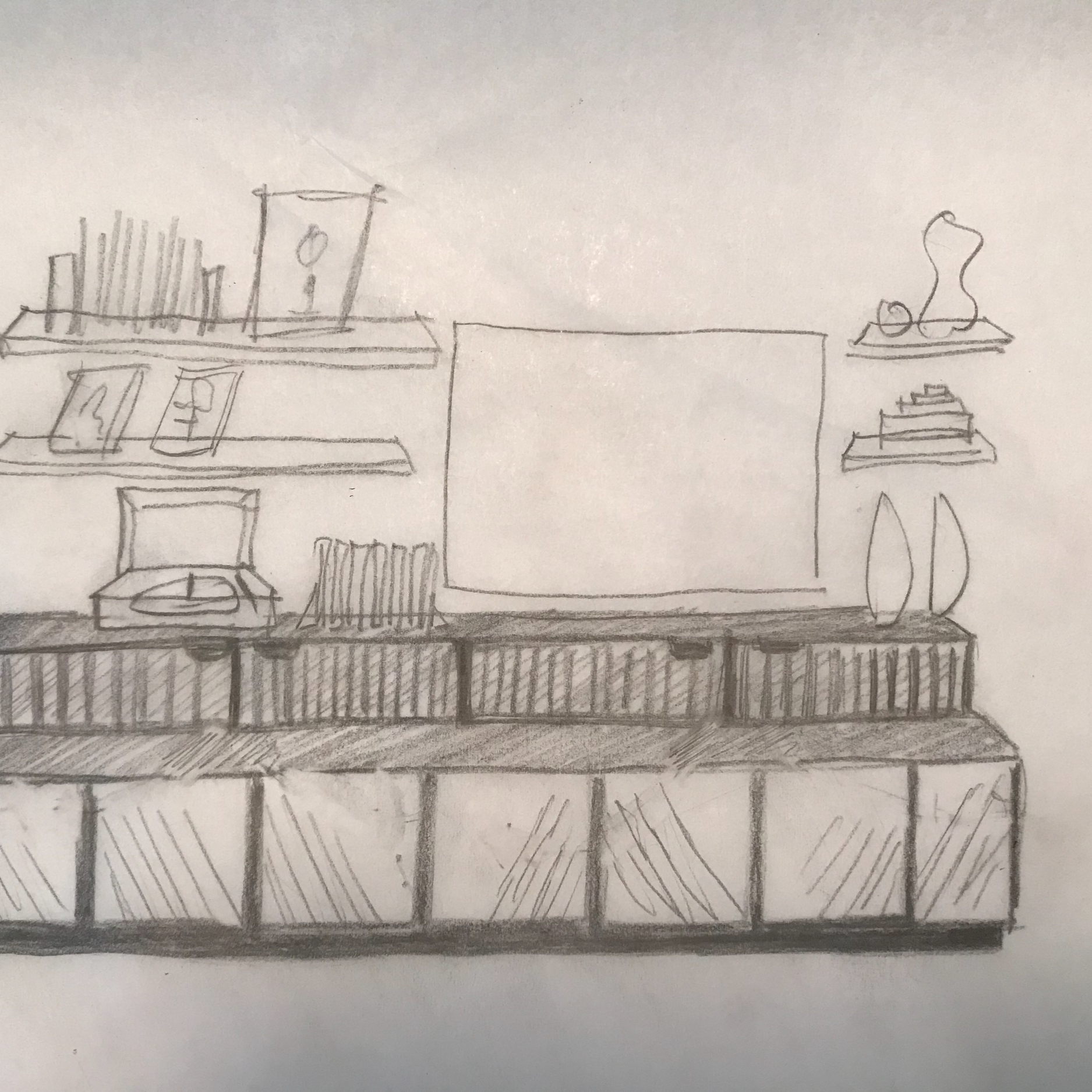 A hand-drawn sketch of a modern entertainment center with shelves, a large flat-screen TV, and decorative items on the shelves such as vases, books, and framed pictures.