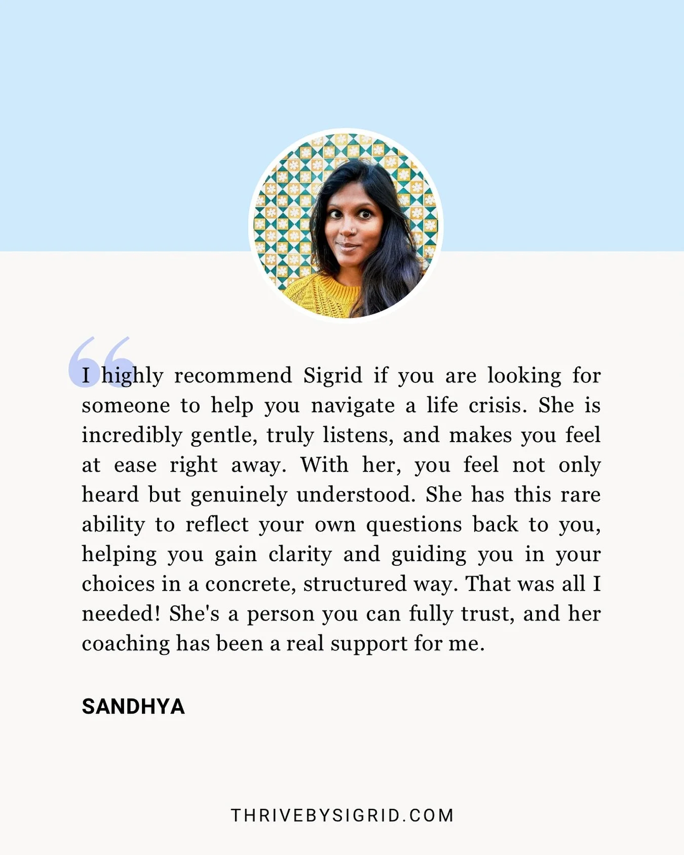 Grateful for this reflection✨ If you&rsquo;re longing for the same kind of support, I have a few 1:1 coaching spots open for October &mdash; DM or click the link in bio to book your complimentary discovery call 📩

#testimonial #thrivebysigrid #mindv