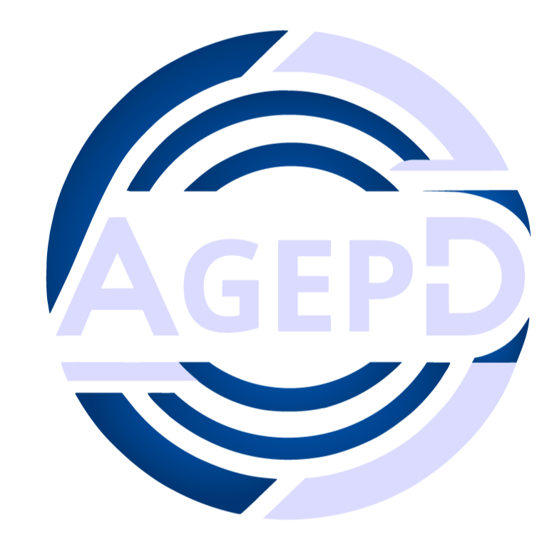 Logotipo do AGEPED com letras brancas e fundo azul, com efeito de distorção.