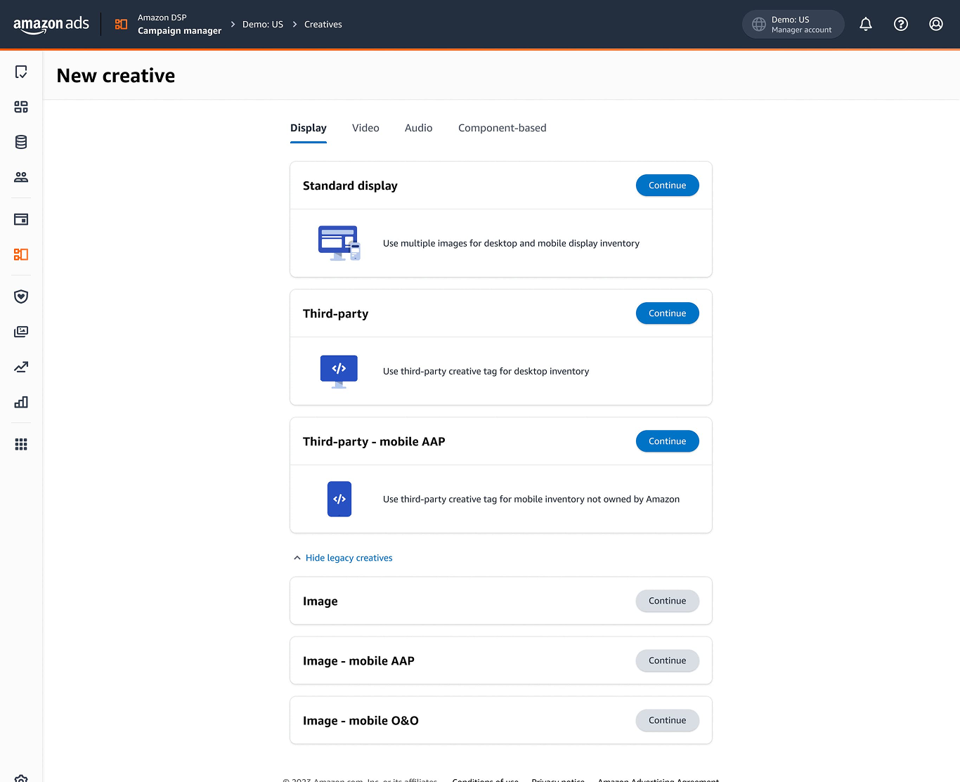 Screenshot of Amazon Ads campaign manager page showing options to create new ad creatives, including display, video, audio, and component-based options. The display options include standard display, third-party, and third-party mobile AAP with 'Continue' buttons.