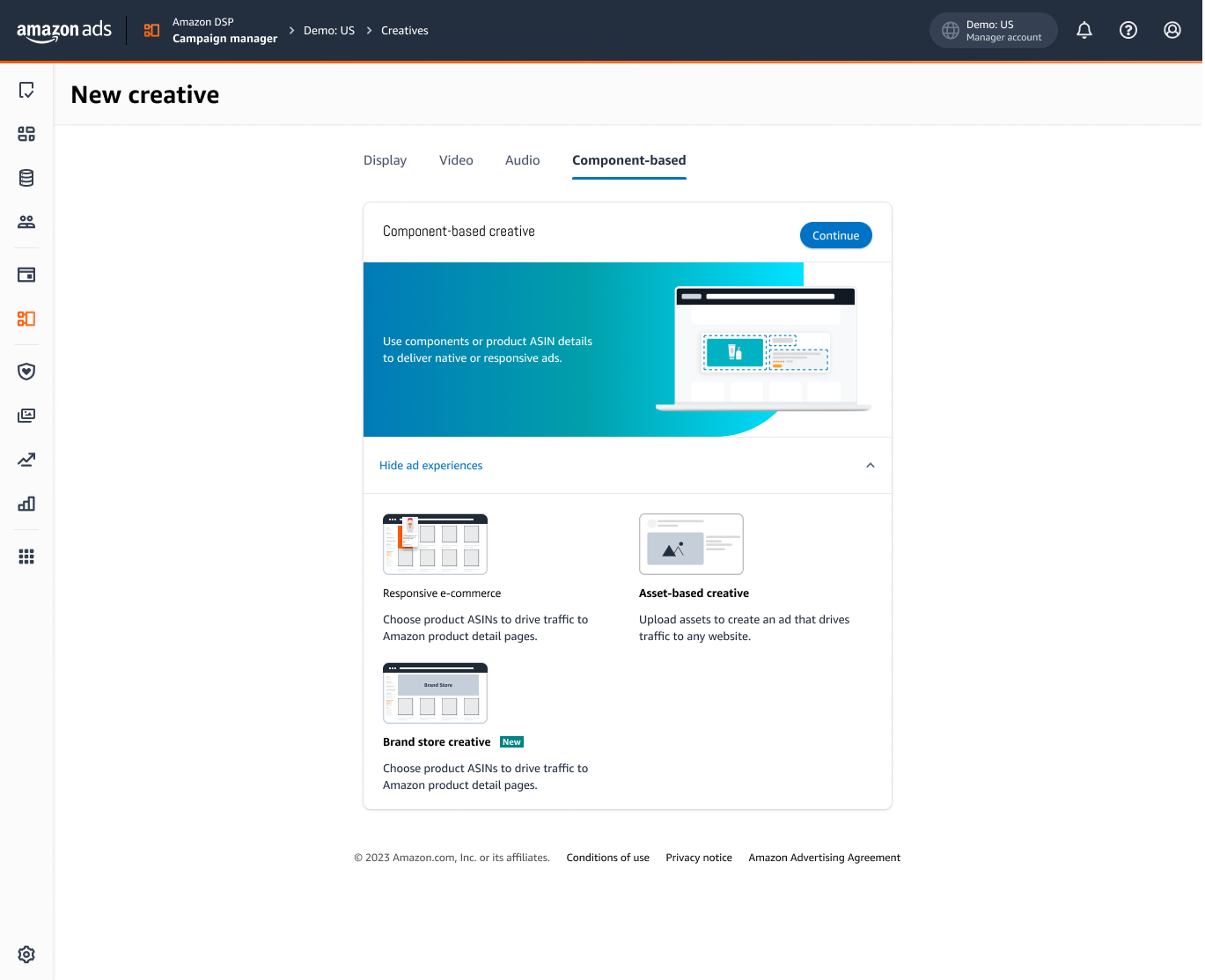 Screenshot of Amazon Ads Campaign Manager interface showing 'New creative' options, including component-based creative, with sections on responsive e-commerce, asset-based creative, and brand store creative.