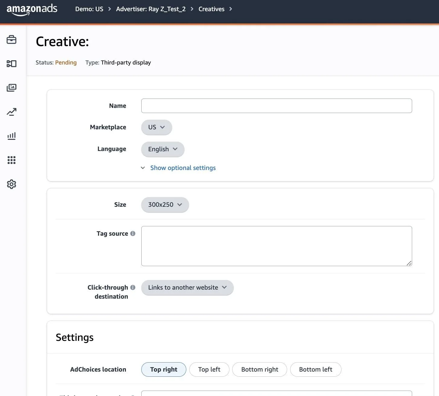 Screenshot of Amazon Ads creative interface showing a draft third-party display ad, with settings for marketplace, language, size, and ad placement.
