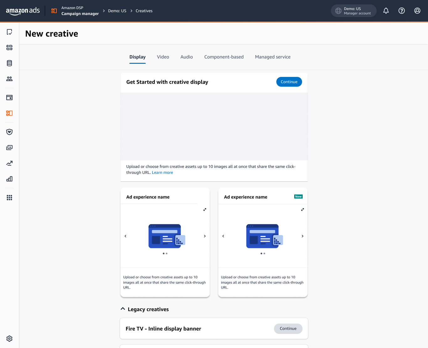 Screenshot of Amazon Ads campaign manager interface showing options for creating a new ad campaign, including creative display, video, audio, component-based, and managed service options, with various ad creative templates and a menu on the left side.