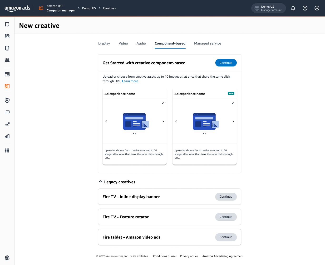 Screenshot of Amazon Ads campaign manager showing the creation of a new creative. The page includes options for component-based creative types, legacy creatives, and a demo account interface.