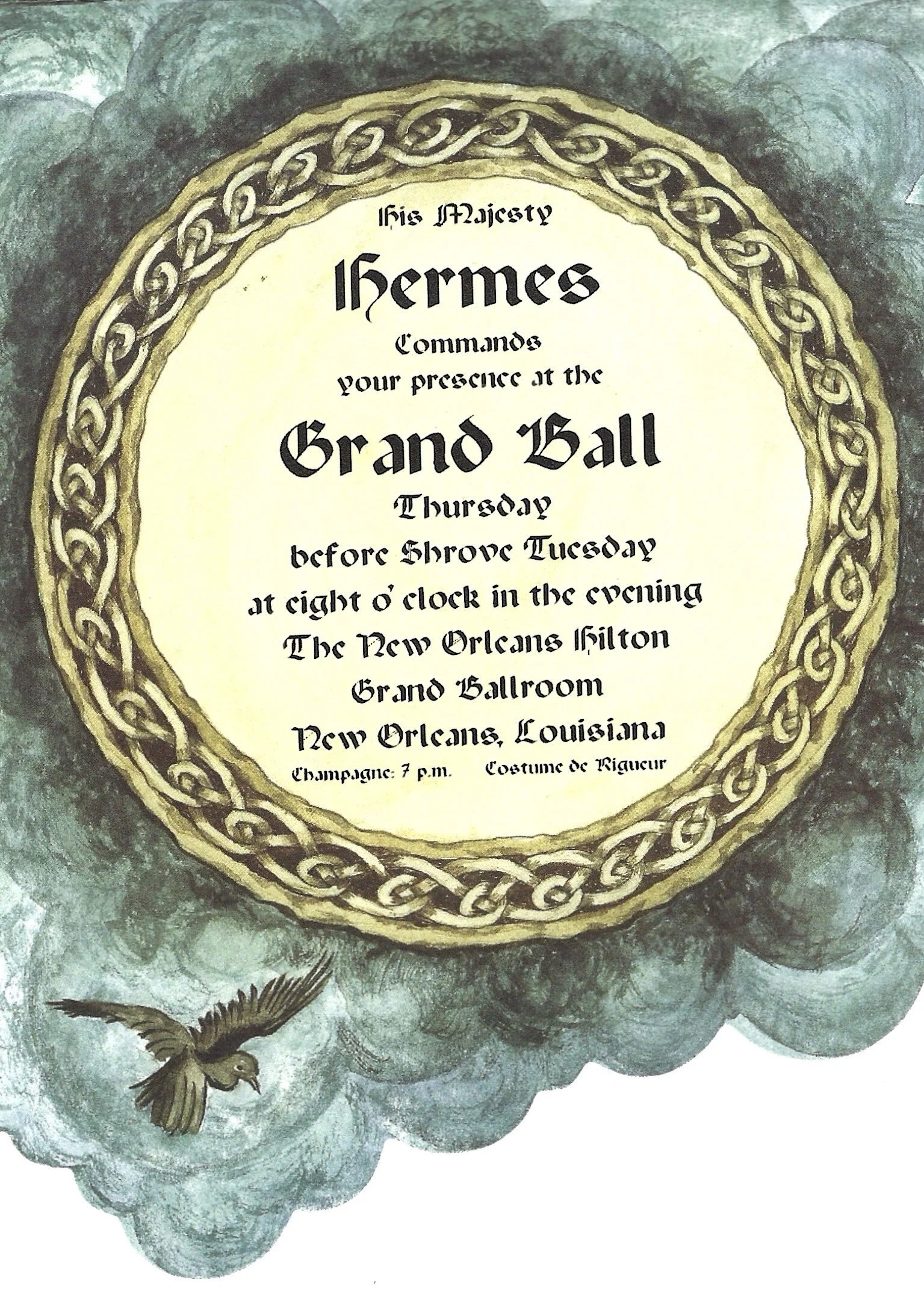 Vintage-style invitation to a grand ball featuring a decorative border, dark clouds, and a flying bird, with formal black letter text detailing the event details.