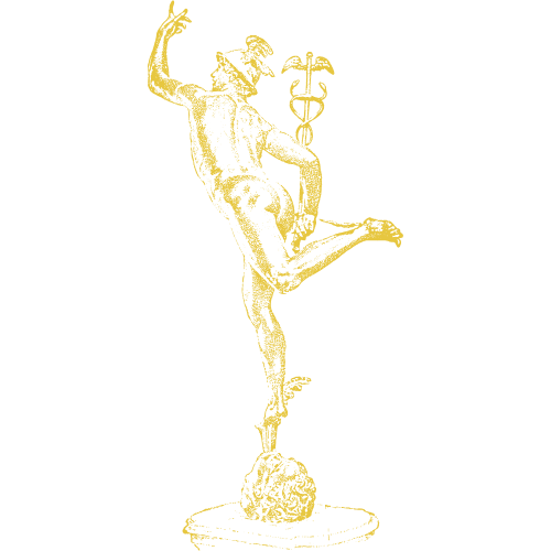 Mystic Krewe of Hermes - A gold statue of Hermes standing on a rock with a snake wrapped around a staff, with one leg raised and one arm up, set against a black background.
