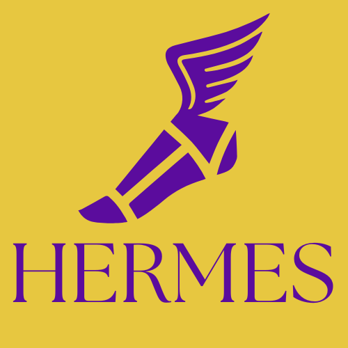 Hermes logo featuring a winged shoe and purple text on a yellow background.