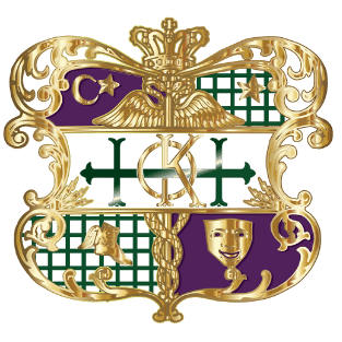 The crest of the Mystic Krewe of Hermes with a lion, crown, and various symbols including a star, crescent moon, a mask, and a goblet, set within an ornate gold frame.