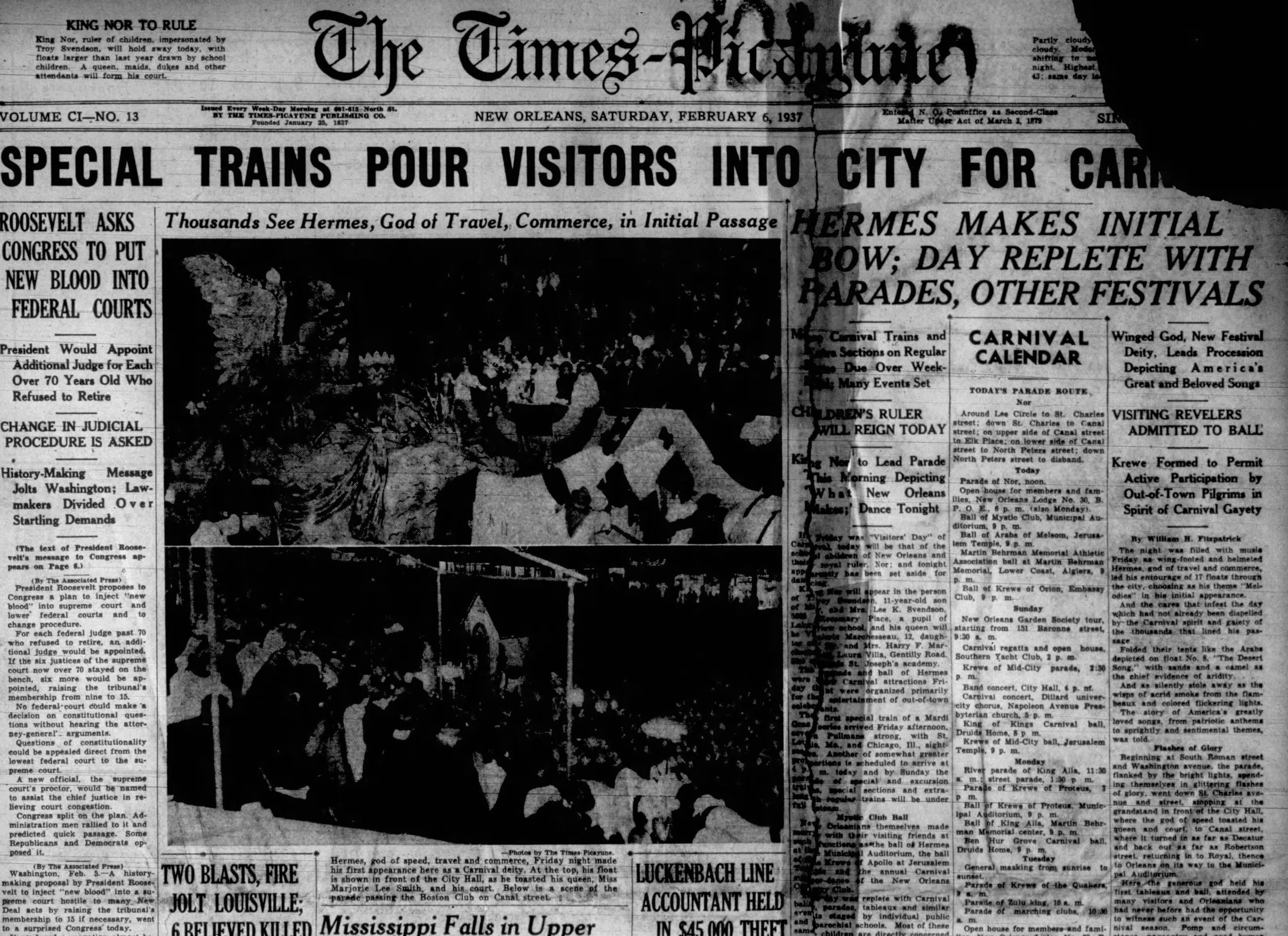 Black and white front page of the 1937 edition of The Times-Picayune newspaper, featuring coverage of the first Hermes Carnival parade.