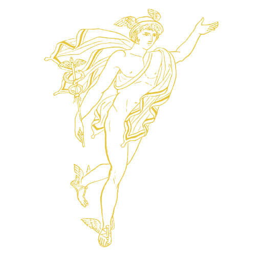 Line drawing of a female figure with wings, holding a staff, wearing a draped garment, with butterflies around her feet.