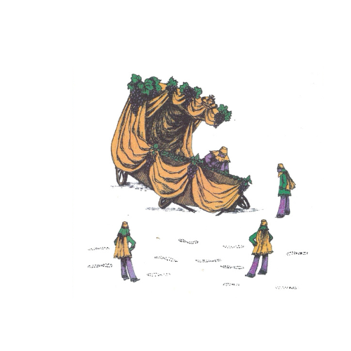 Four people standing outside in front of a large, carved wooden structure decorated with green foliage and purple flowers.