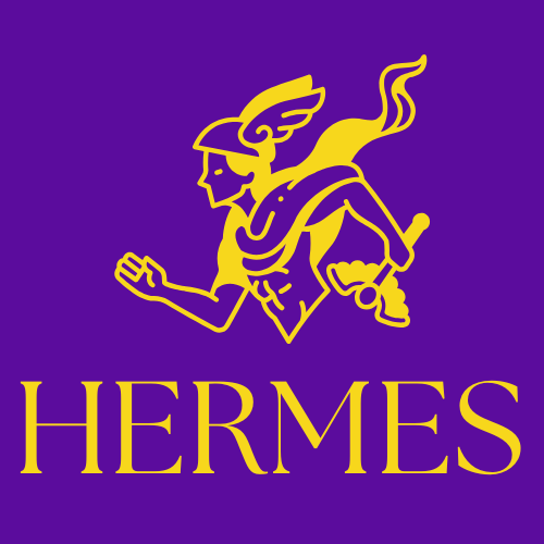 Hermes logo with a yellow outline of a winged figure holding a staff, on a purple background, with the word 'HERMES' below.