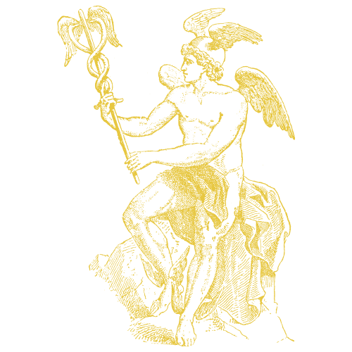 Gold illustration of a mythological figure, possibly a demon or devil, sitting on a rock, holding a staff with a trident-like top, with wings and a beard