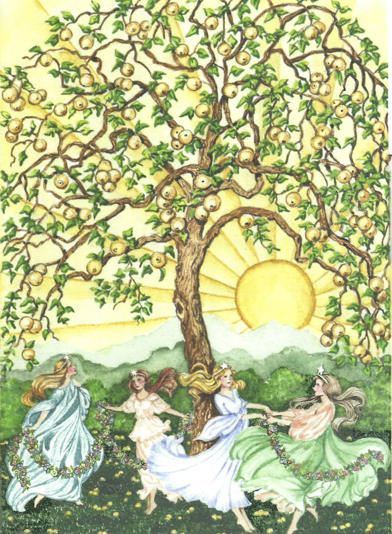 A colorful illustration of four women dancing in a circle beneath a large blossoming tree with yellow fruit; the background shows the sun shining over green hills.