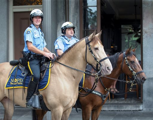Two police officers on horseback, one smiling, in uniform with helmets, standing in front of a building.