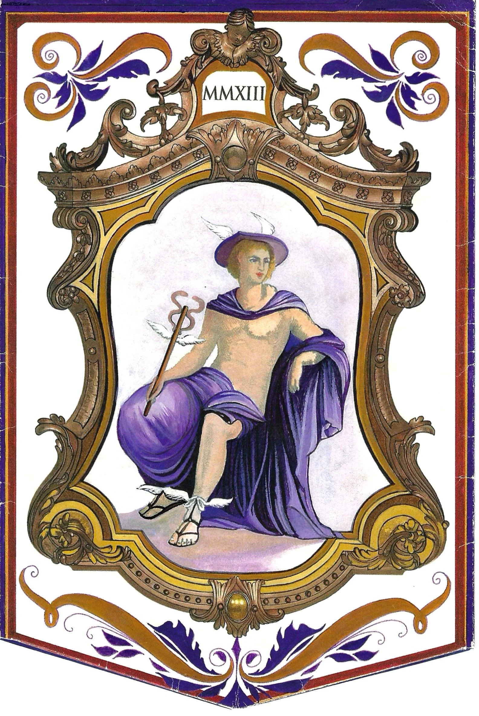 A painting of a woman, partially nude, wearing a purple dress and hat with feathers, sitting inside an ornate gold and brown frame. The woman is holding a staff with a snake and wings, and is surrounded by decorative elements.