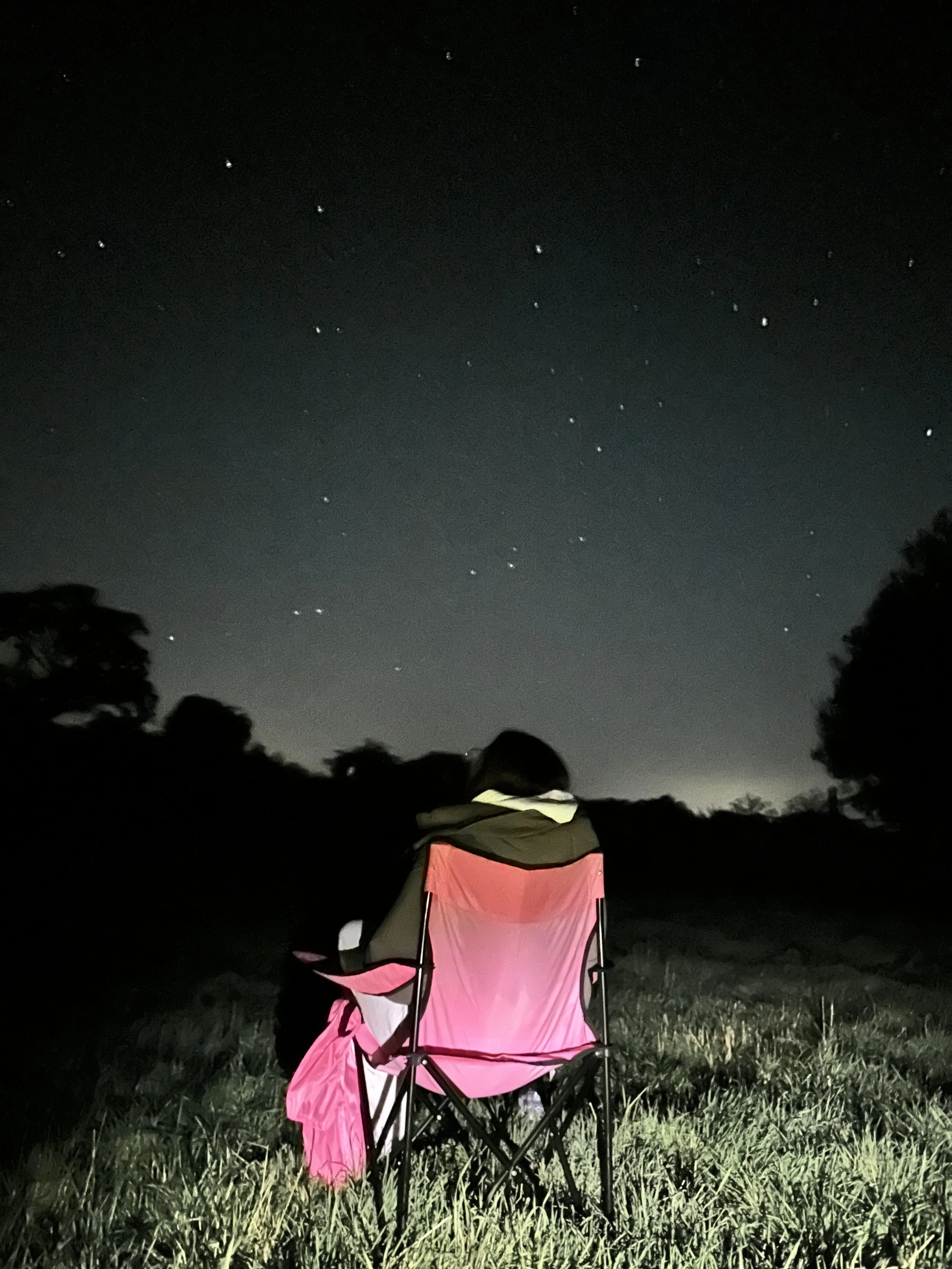 A person sitting in a pink portable camping chair outdoors at night, gazing at the starry sky with trees in the background.