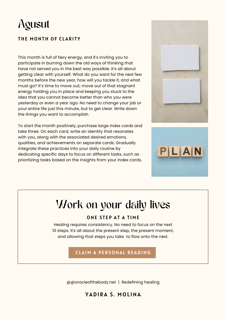 A page from a wellness or self-care guide with text about clarity and daily routines, featuring images of two white blank cards, the word 'PLAN' spelled with wooden blocks, and a call-to-action button about claiming a personal reading.