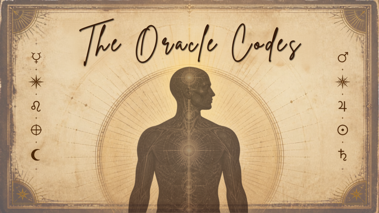 Illustration of a human silhouette with energy centers, surrounded by astrology symbols, titled 'The Oracle Codes' in vintage style.