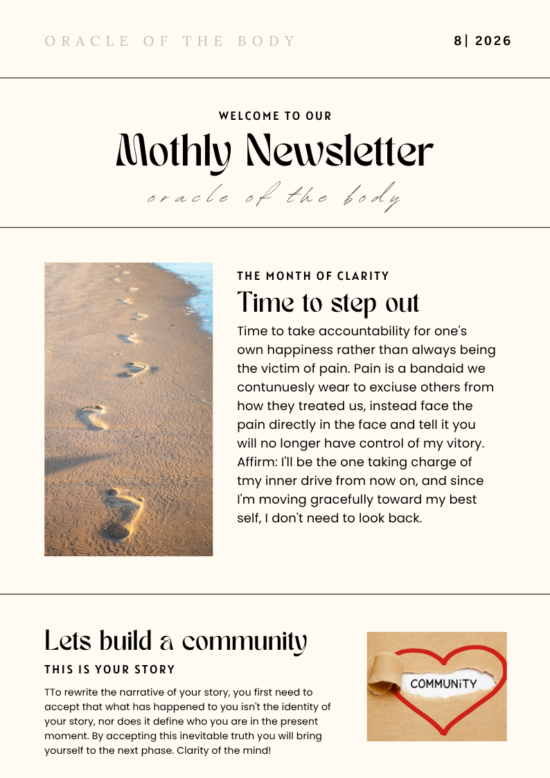 Monthly newsletter titled 'Oracle of the Body' from August 2026, featuring a section on taking responsibility for one's happiness with a beach scene of footprints in the sand, and a section on building a community with a paper and heart-shaped string.