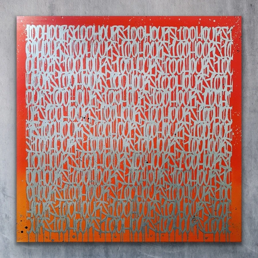 MR POPCORN, 100 HOURS,
2021 Acrylic & Spray-paint on Canvas,
100x100 cm