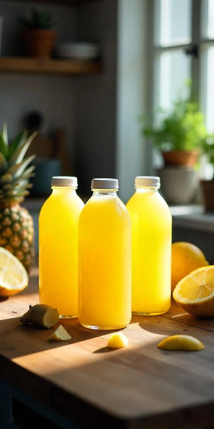 Three bottles of bright yellow pineapple juice on a wooden surface, surrounded by fresh pineapple and lemon slices, with a kitchen window and potted plants in the background.