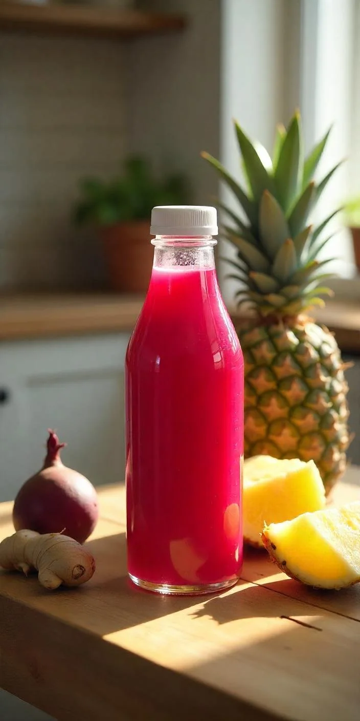 A bottle of pink juice on a wooden surface with pineapple, yellow pineapple slices, a whole pineapple in the background, and a piece of ginger, with natural light coming from a nearby window.